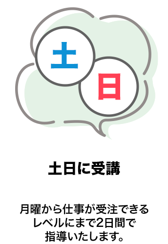 土日に受講　月曜から仕事ができるレベルにまで2日間で指導いたします。