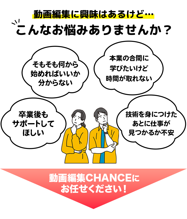 こんなお悩みおありませんか？
								   そもそも何から始めればいいかわからない
								   本業の合間に学びたいけど時間が取れない
								   卒業後もサポートしてほしい
								   技術を身につけたあとに仕事が見つかるか不安